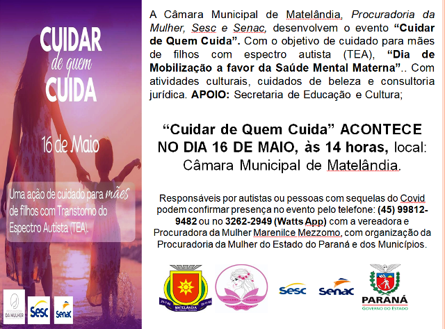 Evento “Cuidar de Quem Cuida” ACONTECE NO DIA 16 DE MARÇO na Câmara Municipal.